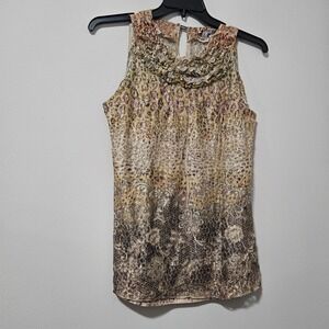 DB Sport Womens Leopard Floral Lace Ruffle Neck Sleeveless Blouse Gold Brown‎ M